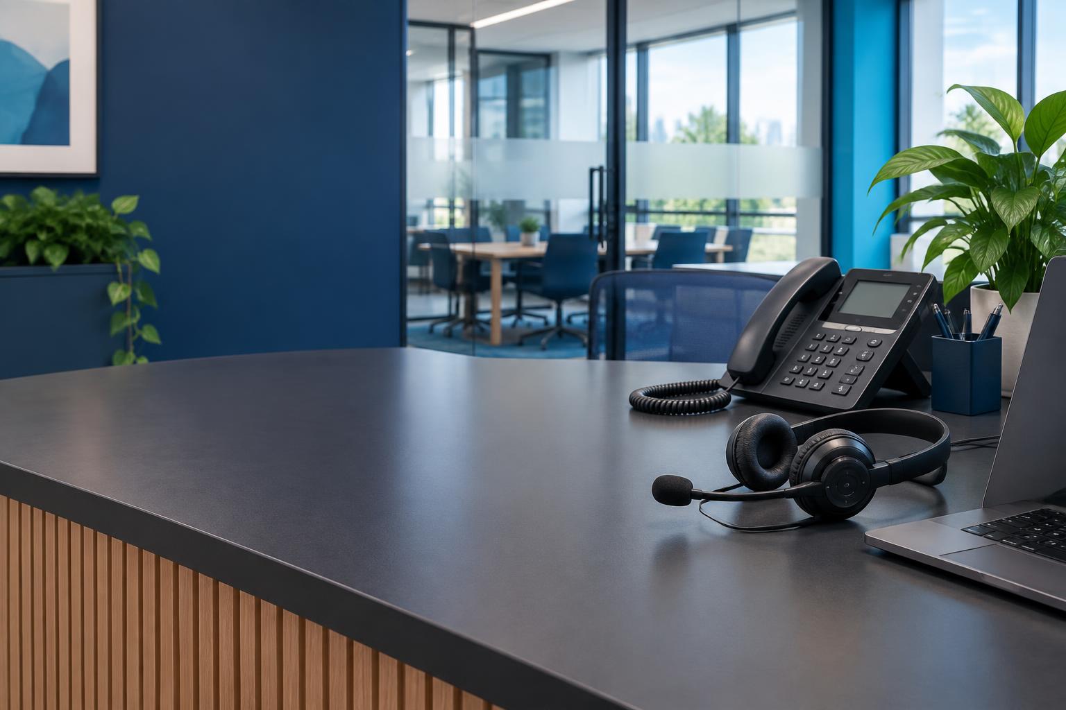Illustrative reception workspace with a telephone and headset