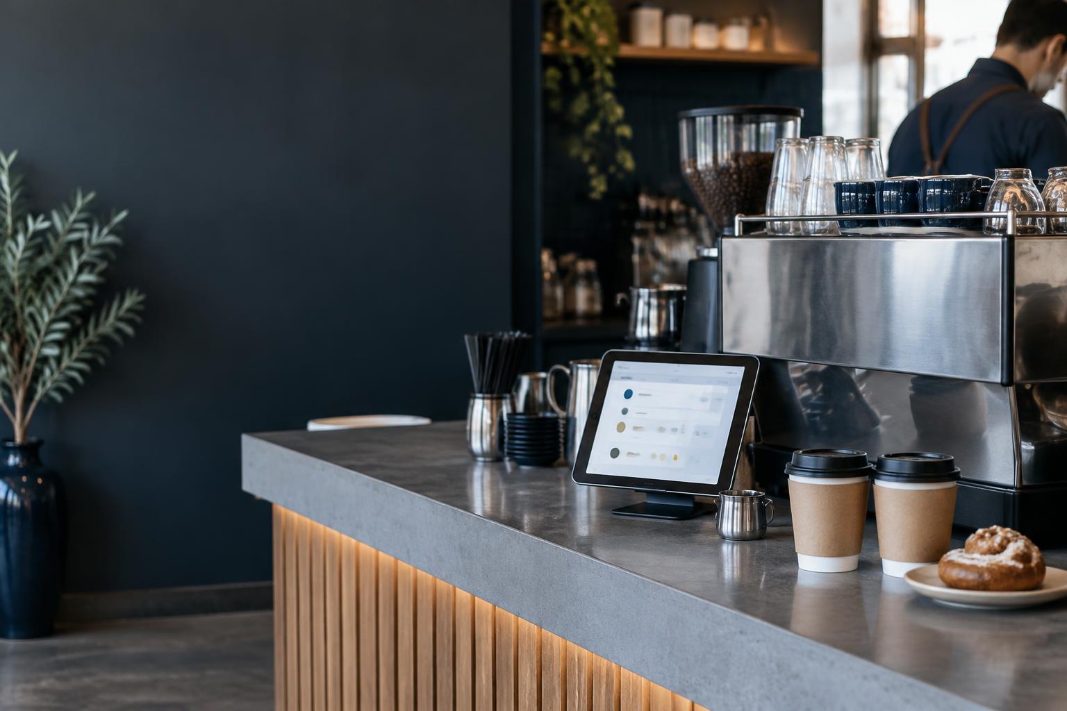 Illustrative café counter with coffee cups, espresso machine and point-of-sale tablet