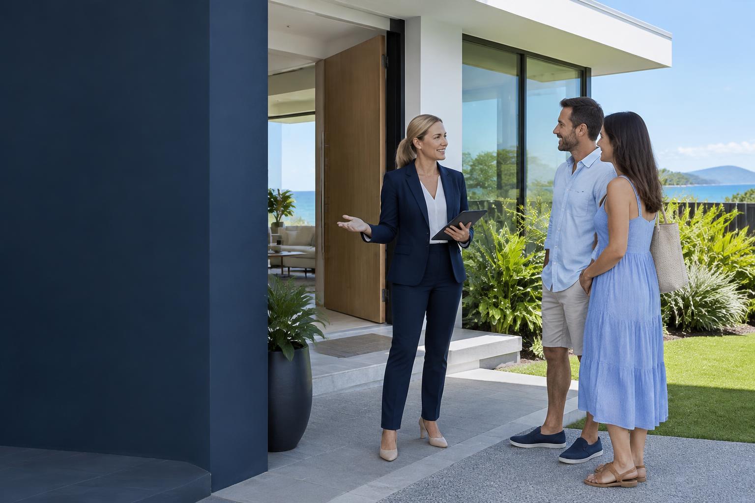 Illustrative real estate agent welcoming buyers to a modern Queensland home
