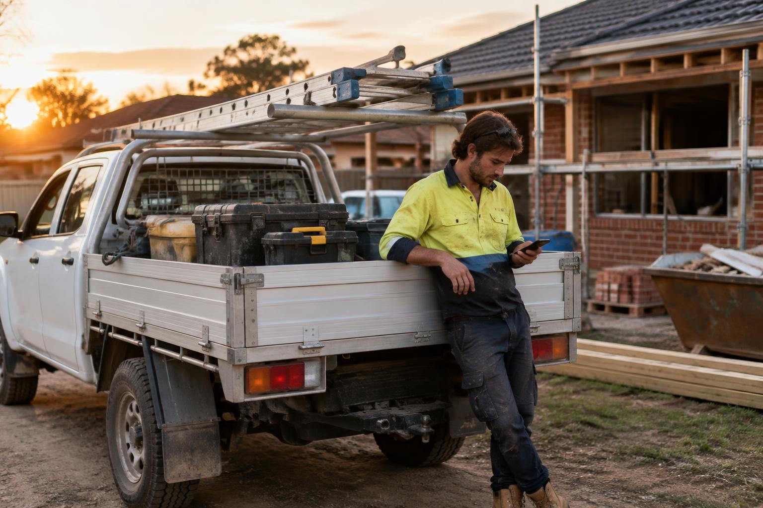 Tradesperson checking their phone beside a work ute at a job site
